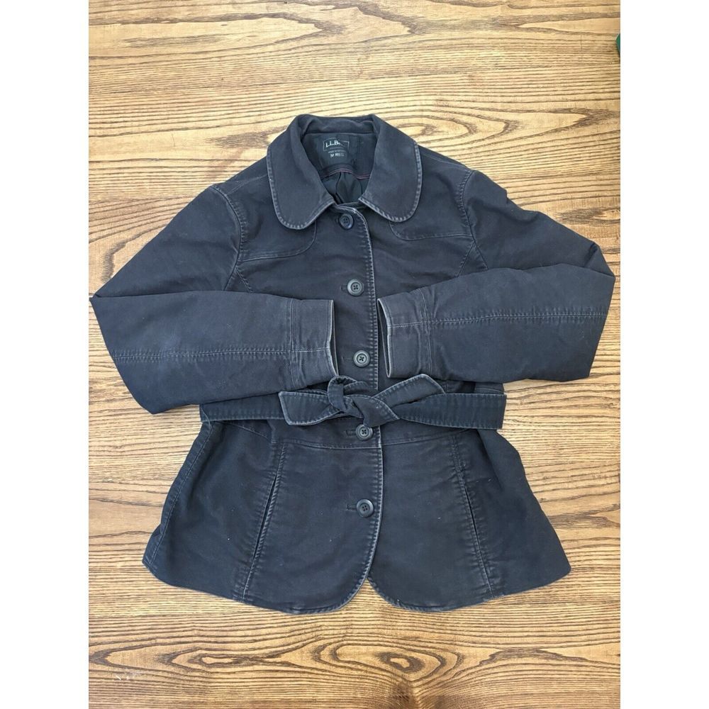 LL Bean Women's Medium‎ Regular Black Cotton Utility Front Tie Pea Coat
